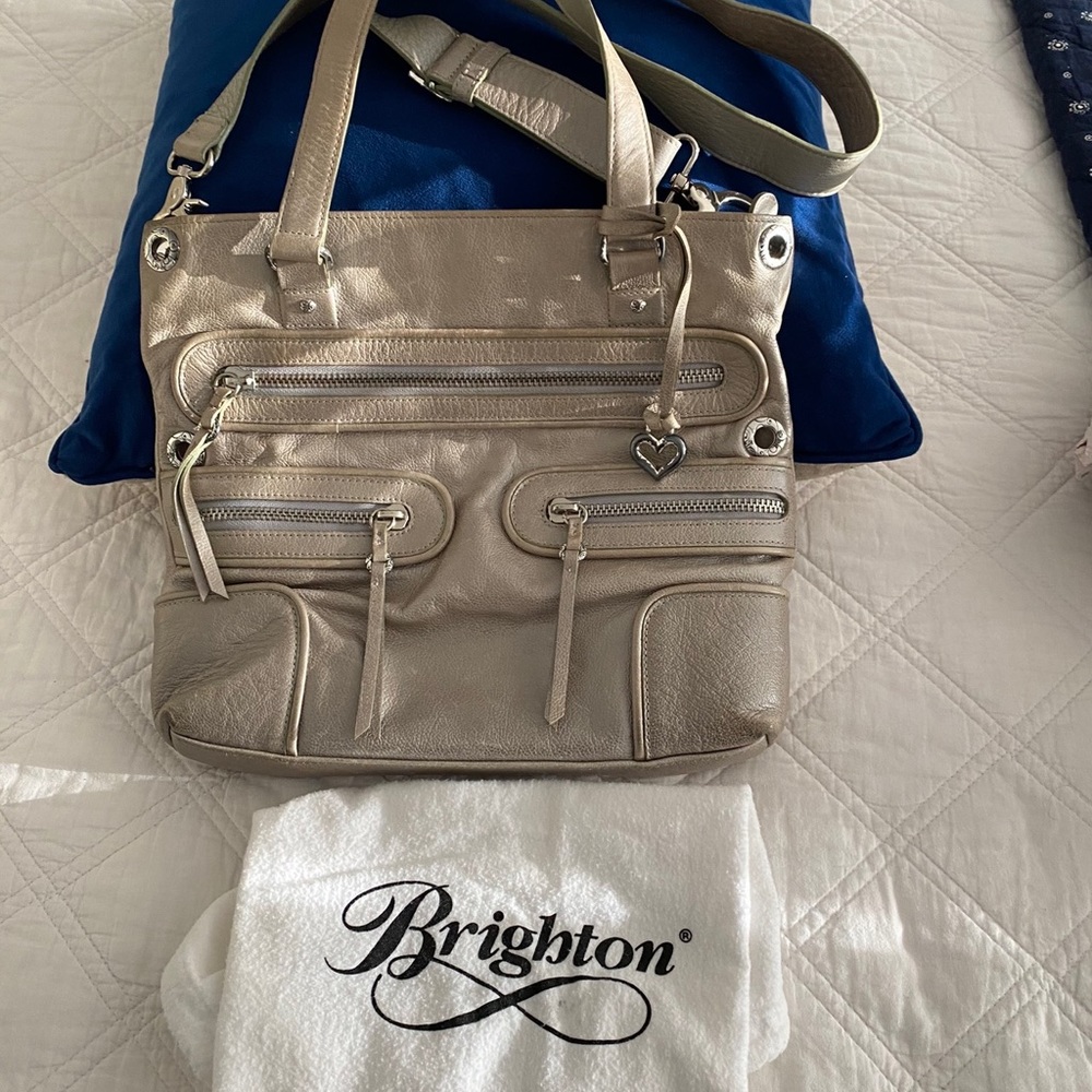 Brighton vintage grey Italian leather handbag with crossbody shoulder strap.